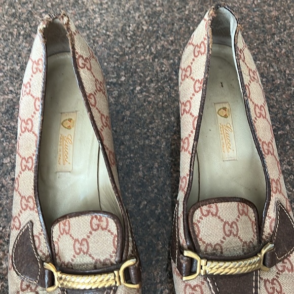 GUCCI LADIES BROWN GG WEB GOLD LOW HEEL PUMPS-40B-9.5-VINTAGE - Picture 5 of 14